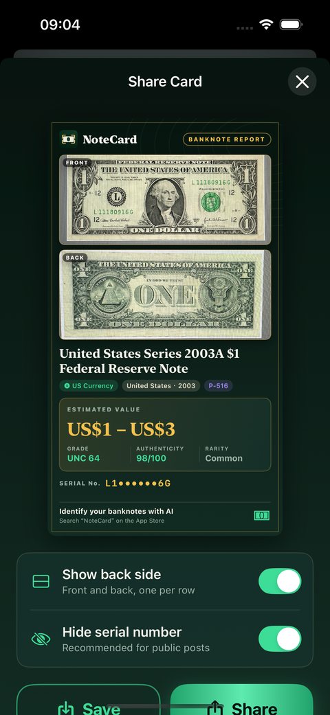 NoteCard share card with banknote report